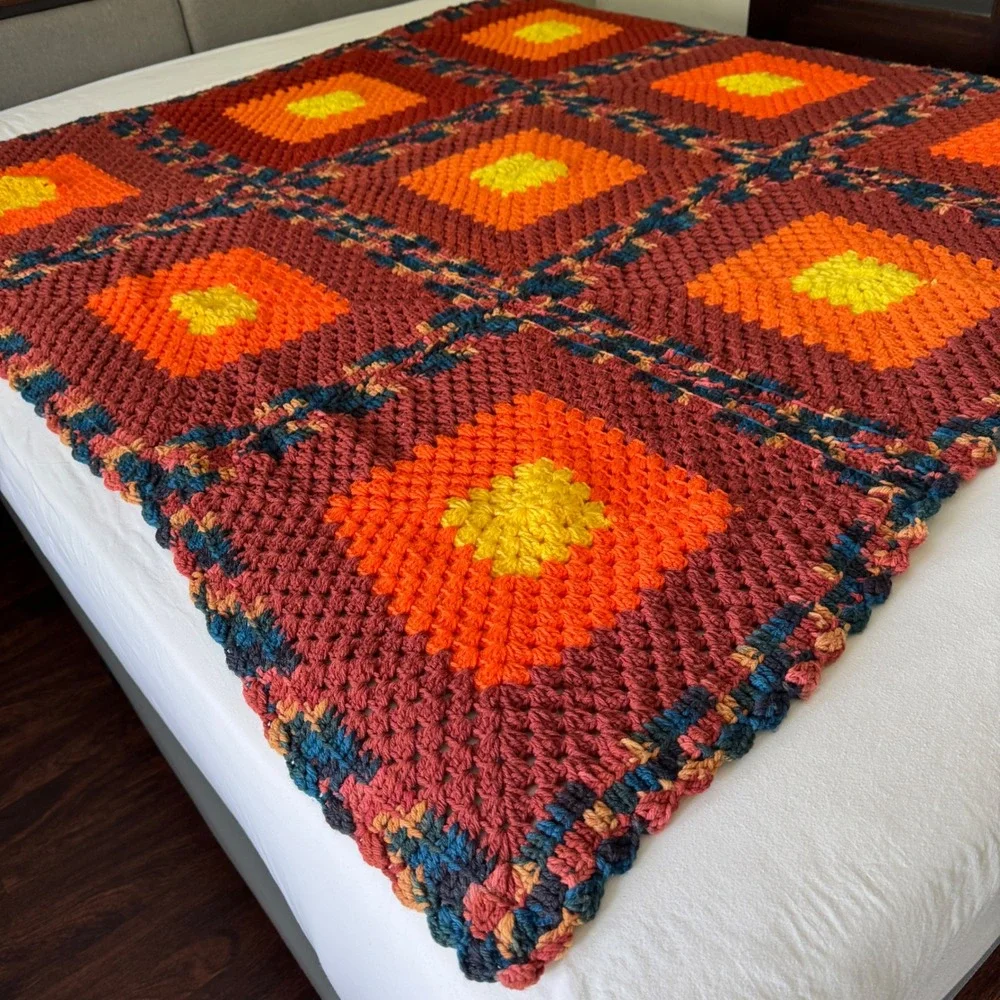 Vintage Handmade Crochet Granny Square Afghan Knit Throw Blanket Orange Maroon